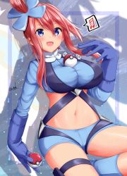 Rule 34 | 1girl, :d, blue eyes, blue gloves, blue shirt, blue shorts, blue socks, blush, breasts, creatures (company), crop top, game freak, gloves, hair ornament, highres, large breasts, long hair, long sleeves, looking at viewer, midriff, mokufuu, motion lines, musical note, navel, nintendo, object on breast, open mouth, poke ball, poke ball (basic), pokemon, pokemon bw, red hair, shirt, short shorts, shorts, sidelocks, signature, skyla (pokemon), smile, socks, solo, spoken musical note, thighs
