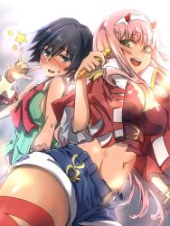 Rule 34 | 10s, 1boy, 1girl, bare arms, bare shoulders, belt, black hair, blue eyes, blush, breasts, capelet, cleavage, coattails, cosplay, couple, crossdressing, crossover, darling in the franxx, detached collar, gold trim, green eyes, green shirt, hair ornament, hairband, herozu (xxhrd), hetero, hiro (darling in the franxx), holding, holding microphone, horns, long hair, looking at viewer, m/, macross, macross frontier, macross frontier: itsuwari no utahime, macross frontier: sayonara no tsubasa, medium breasts, microphone, midriff, navel, necktie, oni horns, open clothes, open shorts, parody, pink hair, purple shorts, ranka lee, ranka lee (cosplay), red capelet, red horns, red neckwear, red thighhighs, sheryl nome, sheryl nome (cosplay), shirt, short hair, short shorts, shorts, sleeveless, sleeveless shirt, star (symbol), stomach, style parody, sweat, thighhighs, thighs, torn clothes, torn legwear, white hairband, wrist cuffs, zero two (darling in the franxx)