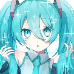 Rule 34 | 1girl, absurdres, blue eyes, blue hair, blue nails, collared shirt, detached sleeves, eyelashes, grey shirt, hair between eyes, hatsune miku, highres, long hair, looking at viewer, mishio (misio 40), nail polish, open mouth, shirt, solo, sparkle, straight-on, twintails, upper body, very long hair, vocaloid