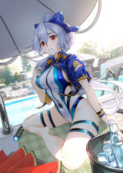 Rule 34 | 1girl, absurdres, bare shoulders, beach umbrella, blue bow, blue jacket, blue one-piece swimsuit, bottle, bow, breasts, bucket, competition swimsuit, day, fate/grand order, fate (series), hair between eyes, hair bow, highleg, highleg swimsuit, highres, jacket, large breasts, long hair, looking at viewer, multicolored clothes, multicolored swimsuit, official alternate costume, one-piece swimsuit, ponytail, pool, poolside, red eyes, shrug (clothing), silver hair, solo, striped clothes, striped one-piece swimsuit, swimsuit, thigh strap, tomoe gozen (fate), tomoe gozen (swimsuit saber) (fate), umbrella, white one-piece swimsuit, wristband, zuihou de miao pa si
