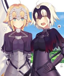 Rule 34 | 2girls, absurdres, ahoge, armor, armored dress, bad id, bad pixiv id, black dress, blonde hair, blue eyes, blunt bangs, breasts, chain, dress, enokimo me, fate (series), hand on own hip, highres, jeanne d&#039;arc (fate), jeanne d&#039;arc (ruler) (fate), jeanne d&#039;arc alter (avenger) (fate), jeanne d&#039;arc alter (fate), long hair, medium breasts, multiple girls, open mouth, pixiv fate/grand order contest 2, ponytail, short hair, silver hair, smile, standing, sweatdrop, upper body, yellow eyes