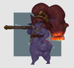Rule 34 | 1girl, absurdres, ass, breasts, curvy, forastero, hammer, hat, highres, huge ass, league of legends, nipples, pointy ears, poppy (league of legends), shortstack, small breasts, solo, standing, sweat, thick thighs, thighs, twintails, yordle