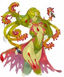 Rule 34 | 1girl, arm up, bee, breasts, bug, carnivorous plant, closed mouth, collar, colored skin, commentary request, green hair, green skin, hair over one eye, highres, insect, korean commentary, long hair, looking at viewer, monster girl, navel, original, plant girl, red eyes, rose song, simple background, smile, solo, standing, stomach, tentacle hair, white background