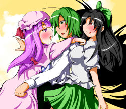 Rule 34 | 3girls, blush, female focus, hat, mob cap, multiple girls, patchouli knowledge, reiuji utsuho, touhou, wriggle nightbug, yuri