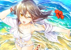 Rule 34 | 1girl, absurdres, beach, bikini, breasts, collarbone, flower, frilled bikini, frills, from above, grey hair, haruna (kancolle), highres, kantai collection, kyougoku touya, long hair, medium breasts, navel, one eye closed, open clothes, open mouth, open shirt, red flower, shirt, smile, solo, swimsuit, water, white bikini, white shirt