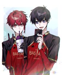 Rule 34 | 2boys, absurdres, black gloves, black hair, black shirt, blue background, blue eyes, blue lock, braid, cellphone, cup, drinking straw, drinking straw in mouth, gloves, hand up, hands up, highres, holding, holding cup, holding phone, isagi yoichi, kurona ranze, long sleeves, looking at viewer, male focus, multiple boys, open mouth, phone, red eyes, red hair, red shirt, shirt, short hair, side braid, single braid, smartphone, smile, two-tone shirt, unagibo, v