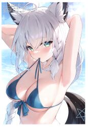 Rule 34 | 1girl, absurdres, ahoge, animal ear fluff, animal ears, armpits, arms behind head, arms up, ayamy, bikini, blue eyes, blue sky, blush, braid, breasts, character name, cloud, cloudy sky, day, earrings, highres, holding, hololive, jewelry, long hair, looking at viewer, medium breasts, mouth hold, ocean, outdoors, scan, shirakami fubuki, simple background, single braid, sky, solo, swimsuit, upper body, virtual youtuber, water, white hair