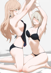 Rule 34 | 2girls, :d, armpits, arms up, ass, assisted exposure, bare arms, bare legs, bare shoulders, barefoot, black bra, black panties, black ribbon, blonde hair, blush, bra, breasts, character request, chinese clothes, cleavage, commentary, dudou, earrings, embarrassed, green eyes, grey background, highres, jewelry, jiaoshouwen, kneeling, large breasts, light brown hair, long hair, looking up, medium breasts, missouri (warship girls r), multiple girls, navel, nose blush, open mouth, orange eyes, panties, ribbon, see-through, sideboob, simple background, sitting, smile, star (symbol), star earrings, stomach, underwear, underwear only, wariza, warship girls r, wavy mouth, yuri