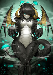 Rule 34 | 1girl, aqua eyes, aqua nails, black hair, black skin, black wings, breasts, closed mouth, colored skin, curled horns, dragon girl, dragon horns, dragon tail, dragon wings, eyeliner, fangs, fangs out, feet out of frame, frown, glowing, green background, hair over one eye, hands up, highres, horns, large breasts, looking at viewer, makeup, medium hair, monster girl, multicolored skin, mushroom, mushroom on head, nude, one eye covered, original, scales, signature, sitting, solo, steam, sumosamo, tail, two-tone skin, white skin, wings, yellow horns, yellow wings