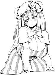 Rule 34 | 1girl, absurdres, blunt bangs, breasts, bun cover, cleavage, crescent, crescent hat ornament, double bun, dress, hair bun, hat, hat ornament, highres, himajin noizu, huge breasts, long hair, mob cap, monochrome, patchouli knowledge, robe, solo, striped clothes, striped dress, touhou, vertical-striped clothes, vertical-striped dress, very long hair, wide sleeves