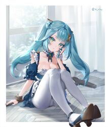 Rule 34 | 1girl, alternate costume, apron, aqua hair, backlighting, blue bow, blue bowtie, blue dress, blue footwear, blue nails, border, bow, bowtie, bracelet, breasts, broom, choker, cleavage, clothing cutout, collarbone, commentary, curtains, dress, enmaided, faruzan (genshin impact), floating hair, frilled apron, frilled choker, frilled dress, frills, full body, genshin impact, green eyes, hair ornament, hand in own hair, hand on own face, hand up, head tilt, high heels, highres, jewelry, knees up, legs, lens flare, light blush, long hair, looking at viewer, low neckline, maid, medium breasts, nail polish, on floor, pantyhose, parted lips, puffy short sleeves, puffy sleeves, rity, see-through, shoe soles, short sleeves, shoulder cutout, sidelocks, sitting, solo, strappy heels, swept bangs, symbol-shaped pupils, thighs, triangle-shaped pupils, twintails, twitter username, white apron, white border, white choker, white curtains, white pantyhose, window, x hair ornament