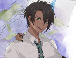 1boy animal animal_on_shoulder aragami_oga aragami_oga_(3rd_costume) bird black_gloves blue_horns brown_hair chungami collared_shirt commentary_request dark-skinned_male dark_skin earrings eyepatch flower flying_sweatdrops gloves green_eyes green_necktie holding holding_umbrella holostars horns jewelry male_focus mioto_(tsubsq_m) necktie purple_flower sharp_teeth shirt short_hair single_horn solo teeth tie_clip transparent transparent_umbrella umbrella upper_body virtual_youtuber white_shirt