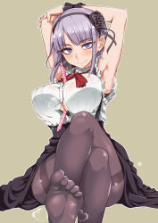 Rule 34 | 10s, 1girl, anal beads, aoi manabu, armpits, arms behind head, arms up, bare arms, bare shoulders, between breasts, black bra, black flower, black pantyhose, black rose, black skirt, blue eyes, blunt bangs, blush, bow, bowtie, bra, bra visible through clothes, breasts, closed mouth, dagashi kashi, feet, flower, green background, grey background, hair flower, hair ornament, hairband, high-waist skirt, large breasts, no shoes, pantyhose, purple hair, red bow, red bowtie, rose, scrunchie, seductive smile, see-through, sex toy, shidare hotaru, shirt, short hair, simple background, skirt, sleeveless, sleeveless shirt, smell, smile, soles, solo, steam, suspenders, sweat, thighband pantyhose, toe scrunch, toes, underwear, white shirt, wrist scrunchie