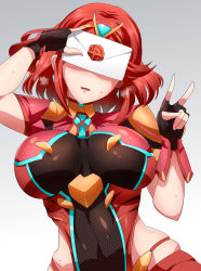 Rule 34 | 1girl, belly, blush, bracer, breasts, chest jewel, covered navel, covering own eyes, fingerless gloves, gloves, highres, jewelry, large breasts, magukappu, nintendo, pyra (xenoblade), red hair, red shorts, short hair, shorts, solo, super smash bros., sweat, sweatdrop, tiara, v, xenoblade chronicles (series), xenoblade chronicles 2