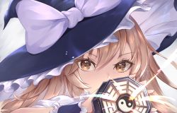 Rule 34 | 1girl, alternate hair color, black hat, bow, brown eyes, brown hair, commentary, covering own mouth, english commentary, eyes visible through hair, fingernails, frills, grey bow, grey shirt, hair between eyes, hat, hat bow, highres, kirisame marisa, kyl490, light brown hair, long fingernails, long hair, looking at viewer, mini-hakkero, puffy short sleeves, puffy sleeves, shirt, short sleeves, simple background, solo, touhou, upper body, white background, witch hat, wrist cuffs, yin yang
