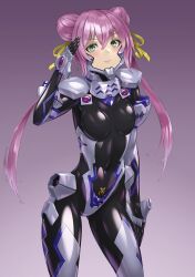 Rule 34 | 1girl, black bodysuit, black gloves, blush, bodysuit, breasts, covered navel, double bun, fortified suit, frown, gloves, gradient background, green eyes, hair between eyes, hair bun, hair ribbon, highres, kurione (zassou), long hair, looking at viewer, muv-luv, muv-luv alternative, muv-luv alternative (anime), pilot suit, pink hair, purple background, ribbon, salute, skin tight, small breasts, solo, tamase miki, v-shaped eyebrows, very long hair, yellow ribbon