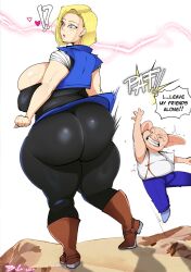 Rule 34 | 1girl, android 18, ass, bittercream, blonde hair, dragon ball, highres, huge ass, oolong, tagme