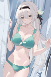 Rule 34 | 1girl, bare shoulders, bikini, black bow, black hairband, bow, breasts, cleavage, commentary request, cowboy shot, curtains, firefly (honkai: star rail), green bikini, hair bow, hairband, honkai: star rail, honkai (series), long hair, looking at viewer, navel, purple eyes, redrawn, senbonsang, solo, standing, stomach, swimsuit, very long hair, white hair