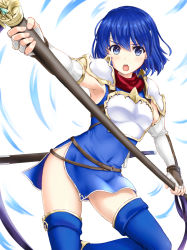 Rule 34 | 1girl, :o, armor, armpits, belt, blue eyes, blue hair, blush, breastplate, catria (fire emblem), covered navel, elbow gloves, fingerless gloves, fire emblem, fire emblem: mystery of the emblem, gloves, gluteal fold, headband, highres, holding, holding weapon, inanaki shiki, looking at viewer, nintendo, open mouth, pegasus knight uniform (fire emblem), polearm, scabbard, sheath, sheathed, short hair, shoulder armor, side slit, solo, sword, sword behind back, thighhighs, two-handed, v-shaped eyebrows, weapon