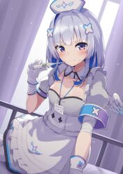 Rule 34 | 1girl, amane kanata, amane kanata (nurse), angel, angel wings, bandaged arm, bandages, blue hair, blush, collar, colored inner hair, detached collar, dress, fragir, gloves, grey hair, hat, highres, holding, holding thermometer, hololive, long hair, multicolored hair, nurse, nurse cap, official alternate costume, purple eyes, smile, solo, thermometer, virtual youtuber, white collar, white dress, white gloves, white hat, wings