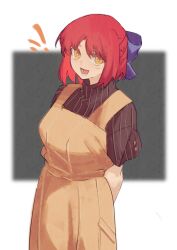 Rule 34 | 1girl, :d, absurdres, apron, arms behind back, black background, blue bow, blurry, blurry background, bow, breasts, commentary, english commentary, ezekquel, highres, kohaku (tsukihime), medium hair, open mouth, red hair, simple background, smile, solo, tsukihime, two-tone background, white background, yellow apron, yellow eyes