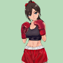 Rule 34 | 1girl, black hair, bow, boxing gloves, breasts, cleavage, closed mouth, collarbone, commentary request, cowboy shot, green background, grey hair, hair bow, hands up, looking at viewer, medium breasts, navel, original, ponytail, purintai, red bow, red shorts, short shorts, shorts, simple background, solo