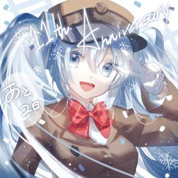 Rule 34 | 1girl, anniversary, badge, blue eyes, blue hair, bow, bowtie, brown hat, brown suit, commentary, confetti, formal, gloves, hair ornament, hand up, hat, hatsune miku, light blue hair, liita (dusk snow), long hair, looking at viewer, military, military hat, military uniform, open mouth, red bow, red bowtie, smile, snowflakes, solo, suit, twintails, uniform, upper body, v, v over eye, very long hair, vocaloid, white gloves, yellow eyes, yuki miku