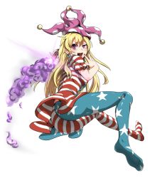 Rule 34 | 1girl, :d, american flag dress, american flag legwear, american flag shirt, ass, asymmetrical legwear, blonde hair, clownpiece, feet, full body, hat, highres, jester cap, looking at viewer, mismatched legwear, nail polish, no shoes, open mouth, pantyhose, pink eyes, short sleeves, simple background, smile, solo, tongue, tongue out, torch, touhou, w, white background, yaruku