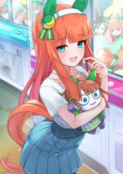 1girl air_groove_(umamusume) animal_ears blue_eyes blunt_bangs blush casual character_doll collarbone crane_game crazy_eyes hair_ornament highres hime_cut horse_ears horse_girl horse_tail hugging_object iam_(tetsu0ekaki) jewelry looking_at_viewer necklace orange_hair silence_suzuka_(umamusume) solo tail umamusume