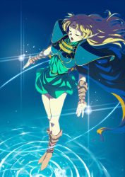 Rule 34 | 1girl, armor, blonde hair, boots, cape, circlet, deedlit, dress, elf, closed eyes, floating, long hair, magic, open mouth, pointy ears, record of lodoss war, ripples, short dress, shoulder pads, solo, standing, standing on liquid, water, yangsion