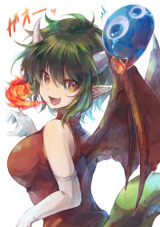 Rule 34 | 1girl, :d, bare shoulders, breasts, breath weapon, breathing fire, commentary, draco centauros, dragon girl, dragon horns, dragon tail, dragon wings, dress, elbow gloves, fang, fire, gao, gloves, green hair, highres, horns, large breasts, open mouth, pointy ears, puyo (puyopuyo), puyopuyo, red dress, short hair, skin fang, smile, tail, upper body, white gloves, wings, yellow eyes, yue (lov n n)