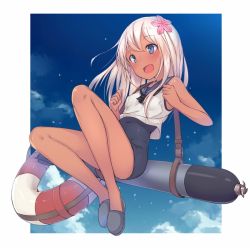 Rule 34 | 10s, 1girl, blonde hair, blue eyes, crop top, flower, hair flower, hair ornament, highres, kantai collection, lifebuoy, long hair, metindone, one-piece tan, ro-500 (kancolle), sailor collar, school swimsuit, solo, swim ring, swimsuit, swimsuit under clothes, tan, tanline, torpedo