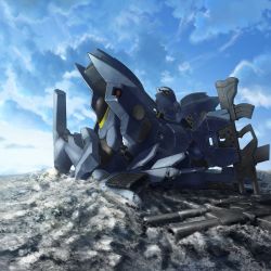 Rule 34 | artist request, damaged, f-18 hornet (muv-luv), game cg, gun, highres, looking up, lying, mecha, muv-luv, muv-luv unlimited: the day after, no humans, official art, on back, robot, science fiction, solo, tactical surface fighter, thrusters, weapon, weapon on back