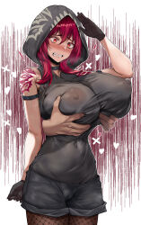 Rule 34 | 1girl, assassin, assassin (camui kamui), black gloves, black shorts, blood, blush, borrowed character, breasts, clenched teeth, disembodied hand, fishnet pantyhose, fishnets, gloves, groping, highres, huge breasts, long hair, nipples, original, pantyhose, red eyes, red hair, salute, shirt, shorts, shoulder tattoo, sideboob, sleeveless, sleeveless shirt, t3x, tattoo, teeth