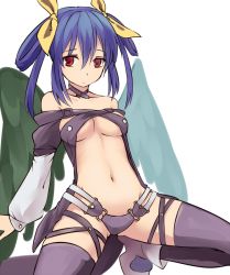 Rule 34 | 1girl, bare shoulders, blue hair, breasts, brown thighhighs, choker, closed mouth, dizzy (guilty gear), gluteal fold, green wings, guilty gear, hair between eyes, hair ribbon, long sleeves, looking at viewer, medium breasts, miyo (ranthath), navel, red eyes, ribbon, simple background, solo, thighhighs, white background, white footwear, wings, yellow ribbon