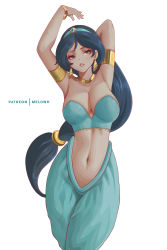 Rule 34 | 1girl, absurdres, aladdin (disney), arabian clothes, arm behind head, armlet, armpits, arms up, black hair, blush, bracelet, breasts, brown eyes, cleavage, dark-skinned female, dark skin, disney, earrings, eyebrows hidden by hair, half-closed eyes, harem outfit, harem pants, head tilt, highres, jasmine (disney), jewelry, large breasts, lilps, long hair, looking at viewer, lots of jewelry, low-tied long hair, melowh, midriff, navel, neck ring, nwck, pants, parted lips, patreon username, simple background, solo, strapless, thick thighs, thighs, white background