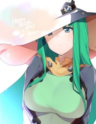 Rule 34 | 1girl, aqua eyes, breasts, green hair, happy birthday, hat, highres, large breasts, long hair, masou shizuka, rance (series), shaded face, shikosour, simple background, smile, solo, white background, witch hat