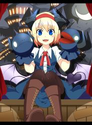Rule 34 | 1girl, alice margatroid, bad id, bad pixiv id, bat wings, blonde hair, blue eyes, boots, brown pantyhose, cross-laced footwear, demon girl, demon tail, demon wings, female focus, hand puppet, highres, horns, kotomuke fuurin, lace-up boots, open mouth, pantyhose, puppet, sitting, solo, tail, touhou, wings