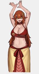 Rule 34 | 1girl, :d, absurdres, arms up, bikini, bikini top only, blush, breasts, cleavage, commission, fang, grey background, hair between eyes, hair ornament, hairclip, highres, lamia, large breasts, long hair, looking at viewer, mano (manobece), miia (monster musume), monster girl, monster musume no iru nichijou, navel, open mouth, orange eyes, pointy ears, second-party source, sidelocks, simple background, smile, solo, swimsuit
