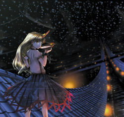 Rule 34 | 1girl, alcohol, architecture, blonde hair, chain, circlek, cityscape, cup, east asian architecture, female focus, from behind, hand on own hip, horns, hoshiguma yuugi, lantern, long hair, looking back, night, pagoda, perspective, red eyes, rooftop, sakazuki, sake, shirt, single horn, skirt, smile, snow, snowflakes, solo, standing, touhou