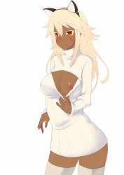 Rule 34 | 1girl, animal ears, atto youhei, blonde hair, blush, breast slip, breasts, cat ears, cleavage reach, dark-skinned female, dark nipples, dark skin, fake animal ears, guilty gear, highres, kemonomimi mode, long hair, medium breasts, meme attire, nipples, one breast out, open-chest sweater, ramlethal valentine, red eyes, simple background, solo, sweater, thighhighs, white background