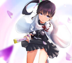 Rule 34 | 1girl, butterfly hair ornament, cape, falling petals, hair ornament, holding, holding sword, holding weapon, jacket, kimetsu no yaiba, long sleeves, looking at viewer, mimike, open mouth, petals, pleated skirt, purple eyes, purple hair, side ponytail, skirt, solo, standing, standing on one leg, sword, tsuyuri kanao, weapon