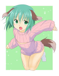 Rule 34 | 1girl, animal ears, blush, breasts, cleavage, cleavage cutout, clothing cutout, flat chest, green eyes, green hair, kasodani kyouko, kazawa (tonzura-d), matching hair/eyes, meme attire, open-chest sweater, open mouth, ribbed sweater, short hair, simple background, smile, solo, sweater, tail, touhou, turtleneck