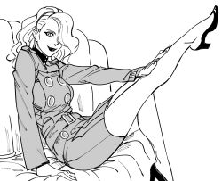 Rule 34 | 1girl, bad id, bb (baalbuddy), belt, buttons, closed mouth, couch, double-breasted, fingernails, from side, greyscale, hair over one eye, hairband, high heels, highres, inactive account, jacket, leg up, lipstick, long sleeves, looking at viewer, looking to the side, makeup, margaret (persona), miniskirt, monochrome, one eye covered, pencil skirt, persona, persona 4, simple background, sitting, skirt, smile, solo, white background