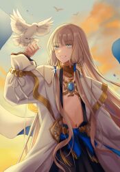 Rule 34 | 1boy, animal, animal on hand, bird, bird on hand, black robe, blonde hair, blue eyes, cloud, cloudy sky, coat, commentary, cowboy shot, fate/grand order, fate/grand order arcade, fate (series), glint, gold trim, grin, hand up, highres, jewelry, long hair, long sleeves, looking at animal, low-tied sidelocks, male focus, navel, necklace, noah (fate), open clothes, open coat, open robe, outdoors, robe, sidelocks, sky, smile, solo, sunset, symbol-only commentary, very long hair, white bird, white coat, zeyan chelsea