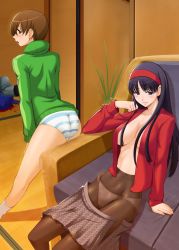 Rule 34 | 2girls, amagi yukiko, arm support, ass, atlus, back, black hair, blood, blue panties, blush, bow, bow panties, breasts, brown hair, clothes pull, death, hairband, hands on thighs, highres, kuma (persona 4), lace, lace-trimmed panties, lace trim, large breasts, leaning back, leaning forward, long hair, looking back, multiple girls, murder, no bra, no pants, open clothes, open shirt, open skirt, panties, panties under pantyhose, pantyhose, persona, persona 4, presenting, satonaka chie, shirt, short hair, sitting, skirt, skirt pull, striped clothes, striped panties, taru neko, underwear, unmoving pattern, white legwear, white panties
