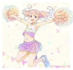 Rule 34 | 1girl, :d, \o/, arms up, bow, clothes lift, clothes writing, cursive, e (eokiba), english text, hair ornament, holding, holding pom poms, jumping, midriff, navel, open mouth, original, outstretched arms, pennant, pleated skirt, pom pom (cheerleading), pom poms, purple bow, shirt lift, shoes, skirt, skirt lift, smile, sneakers, socks, star (symbol), star hair ornament, tank top, white socks