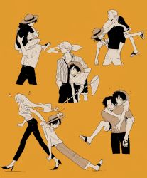 Rule 34 | 1girl, 5boys, angry, bare shoulders, black hair, blush, butterfly net, carrying, carrying over shoulder, carrying person, carrying under arm, cigarette, crop top, facial scar, freckles, hand in pocket, hand net, hat, high heels, highres, long hair, monkey d. luffy, multiple boys, multiple views, nami (one piece), numata (oioioioiai), one piece, open mouth, orange background, pants, partially colored, piggyback, portgas d. ace, roronoa zoro, sabo (one piece), sandals, sanji (one piece), scar, scar on cheek, scar on face, shirt, short hair, shorts, shoulder tattoo, smile, straw hat, sword, tank top, tattoo, weapon
