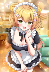 Rule 34 | 1girl, absurdres, alternate costume, apron, black bow, black bowtie, black dress, blonde hair, blush, bow, bowtie, breasts, cleavage, detached collar, double bun, dress, enmaided, fang, flower, frilled apron, frills, gradient hair, green eyes, hair bun, hair flower, hair ornament, highres, hololive, indoors, large breasts, long hair, looking at viewer, maid, maid headdress, momosuzu nene, multicolored hair, open mouth, pink hair, rinkaa (lovelive765pro2), short dress, smile, solo, two side up, virtual youtuber, waist apron, white apron, wing collar