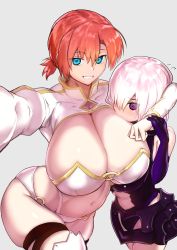 Rule 34 | 2girls, @ @, arm around head, blue eyes, blush, boudica (fate), breasts, cleavage, contrapposto, curvy, elbow gloves, fate/grand order, fate (series), gloves, highres, huge breasts, long sleeves, looking at viewer, mash kyrielight, multiple girls, navel, nyowawa, one eye covered, orange hair, pink hair, purple eyes, short hair, simple background, skindentation, smile, smother, sweatdrop, thigh strap